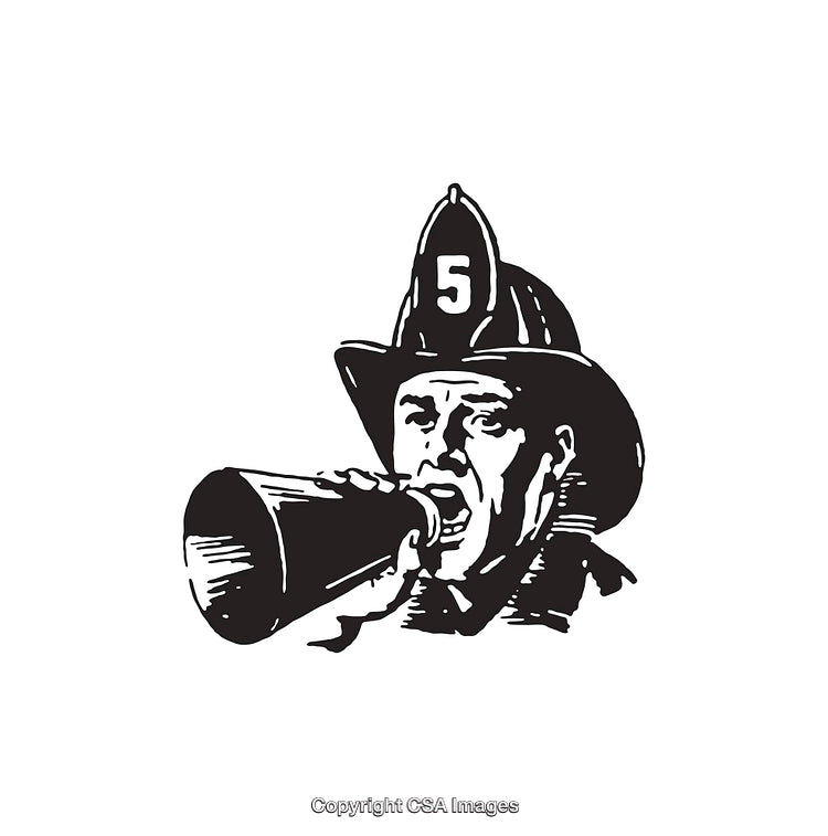 Retro Firefighter Illustration Using Megaphone in Black and White Art Style