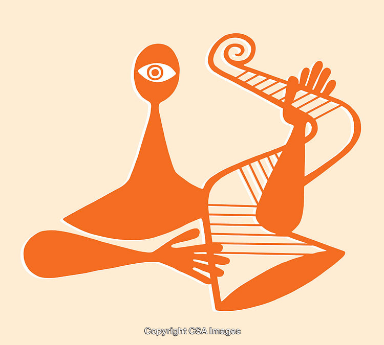 Abstract Orange Line Art Depicting Human Forms and DNA Structure