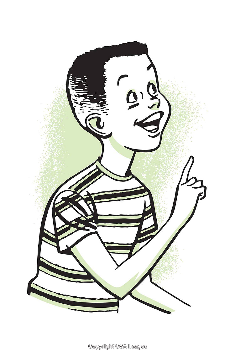 Smiling Boy Pointing Upwards in a Striped Shirt
