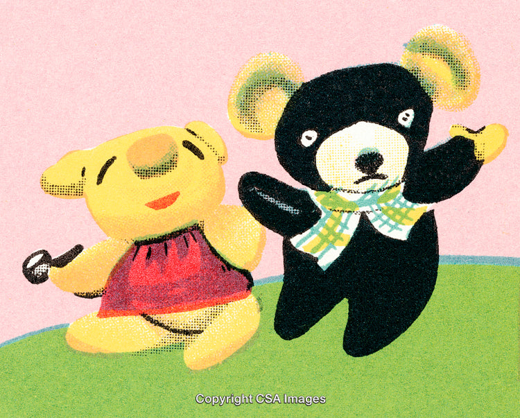 Two Cheerful Illustrated Bears Dancing Joyfully on a Colorful Background