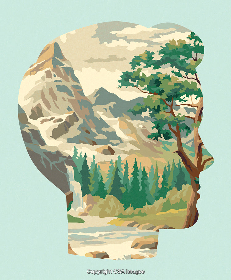 Illustrated Landscape Silhouette Featuring Mountains, Trees, and Nature Elements in Pastel Tones