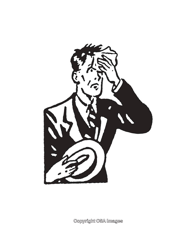 Black And White Illustration of a Stressed Man Holding Hat