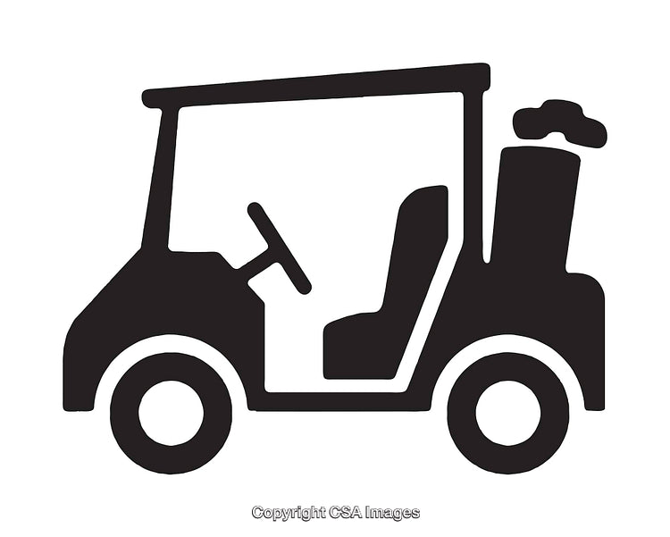 Black and White Line Art Golf Cart Illustration with Golf Bag