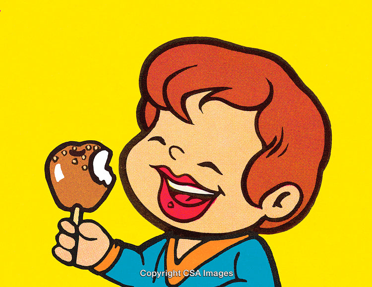 Smiling Cartoon Child Holding Candy with Bright Yellow Background