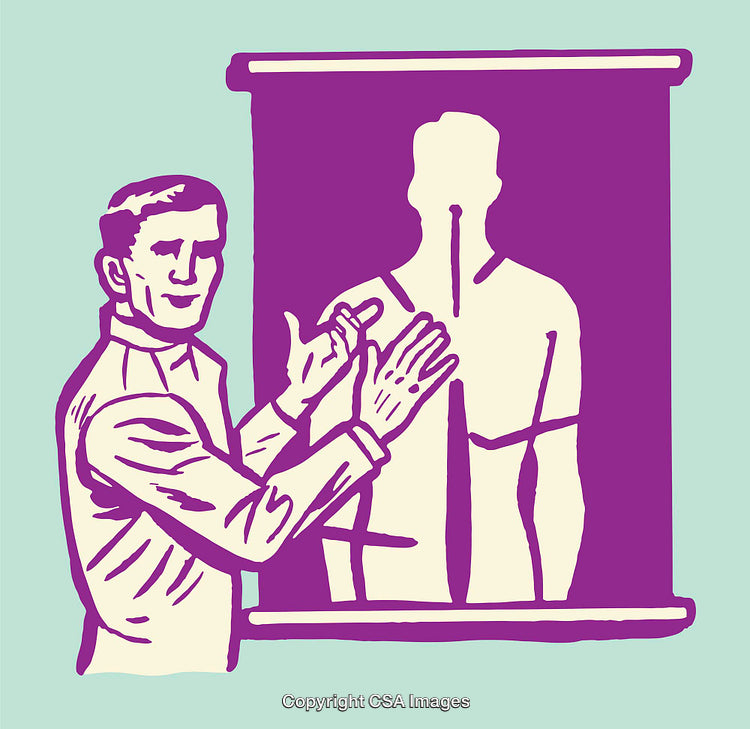 Medical Professional Presenting Anatomy Diagram on a Purple Projector Screen