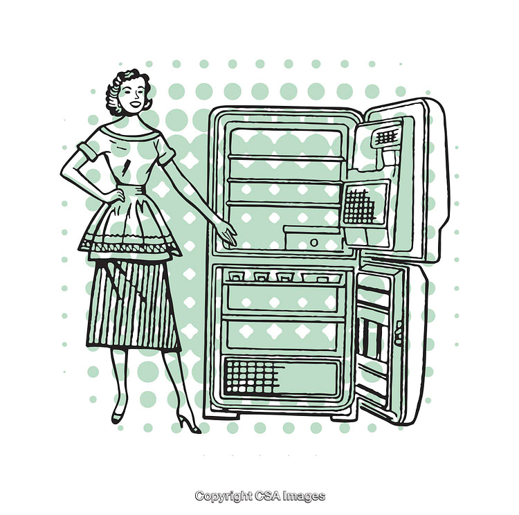 Retro Style Illustration of a Woman Showcasing a Refrigerator