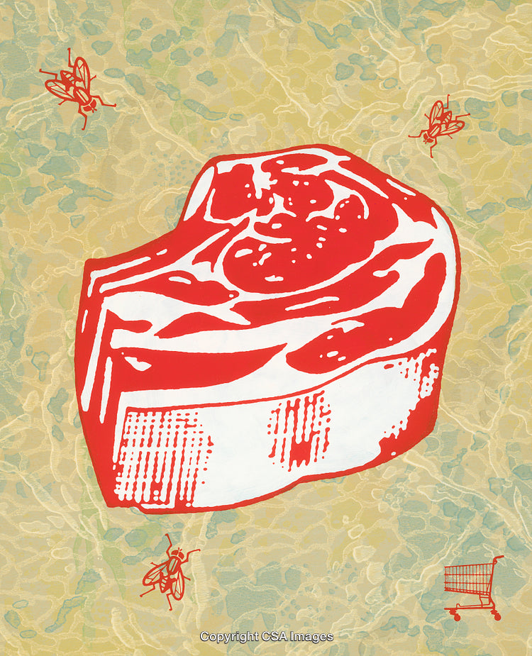 Vibrant Illustration of Beef Steak Amid Conceptual Elements