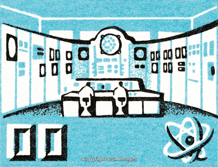 Illustration of a Control Room With Scientific Symbols and Operators
