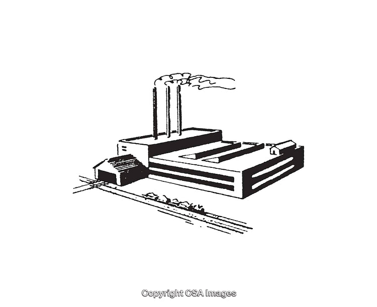 Black and White Line Art of an Industrial Factory Building