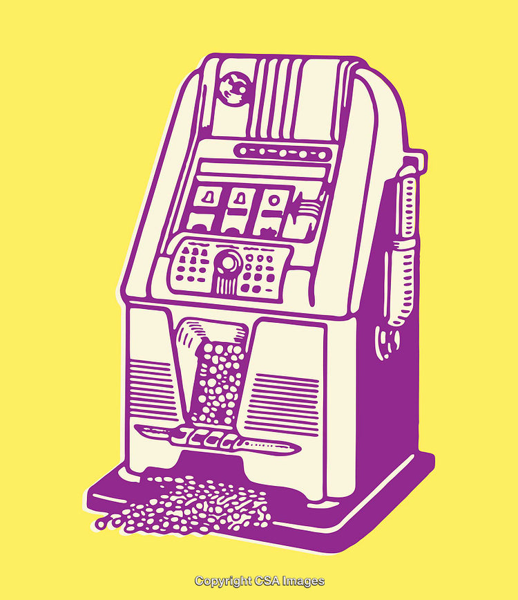 Purple Retro Slot Machine Illustration with Bright Yellow Background