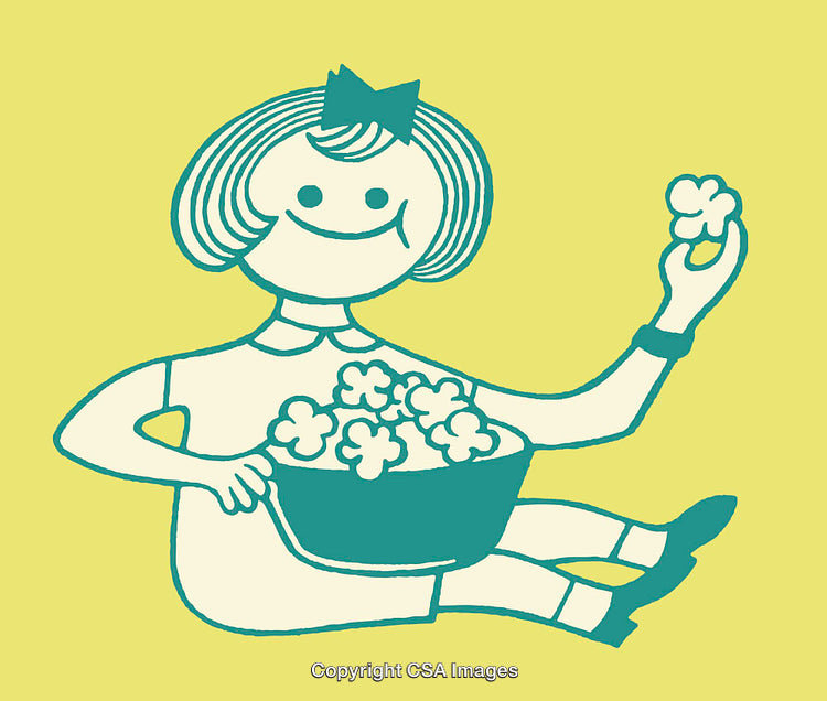 Smiling Girl Illustration Holding a Bowl of Popcorn in Minimalistic Design