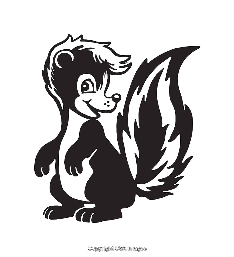 Black and White Line Art Illustration of a Cartoon Skunk Character