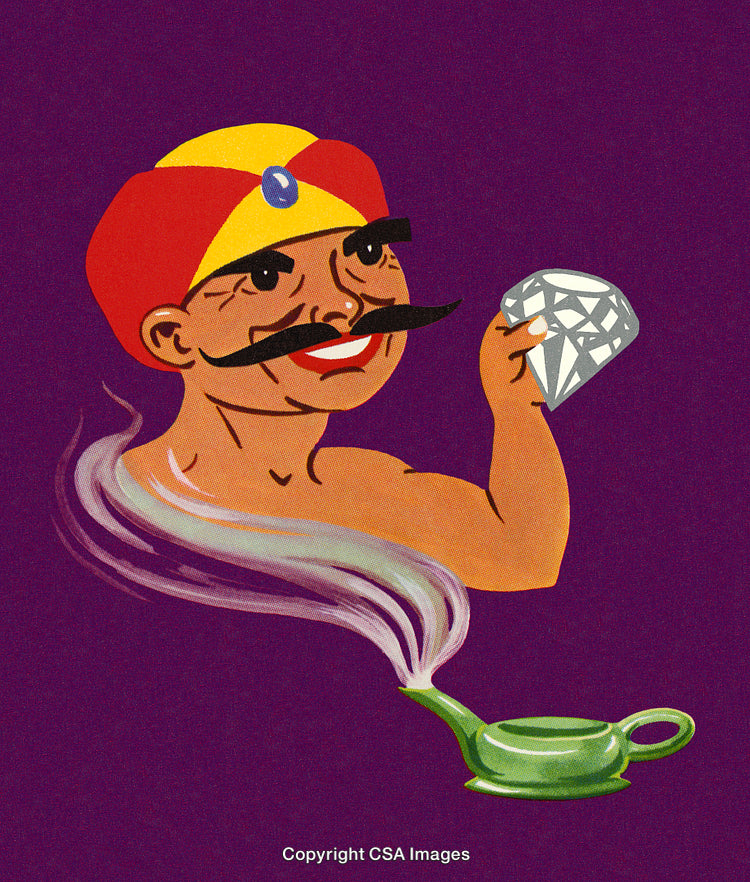 Illustration of a Genie Holding a Diamond Emerging From a Magical Lamp