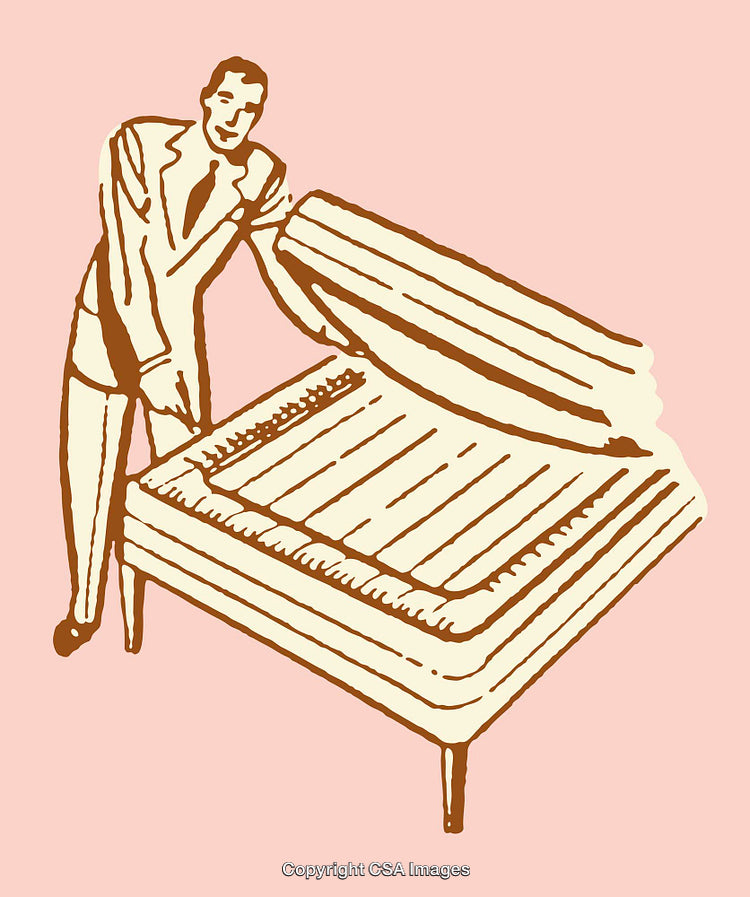 Retro Illustration of a Man Presenting a Bed Design in Line Art Style