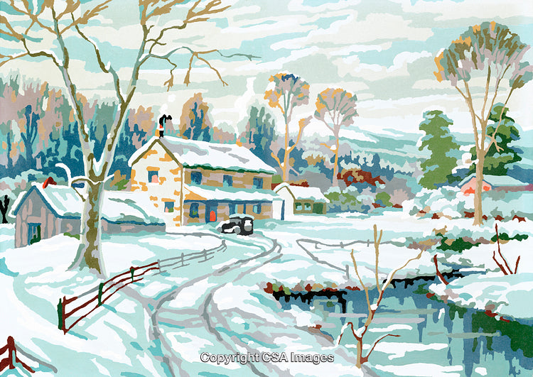 Charming Winter Landscape With Snowy Cottage and Frozen Pond