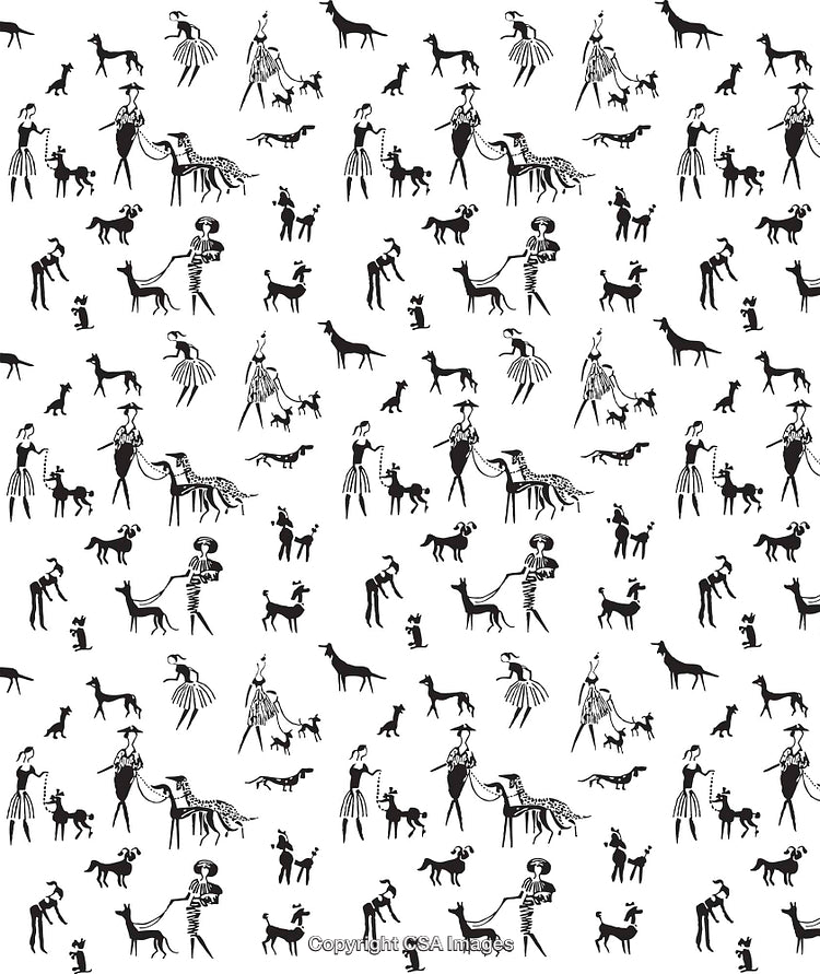 Elegant Black And White Pattern Featuring People And Animals in Stilized Artwork