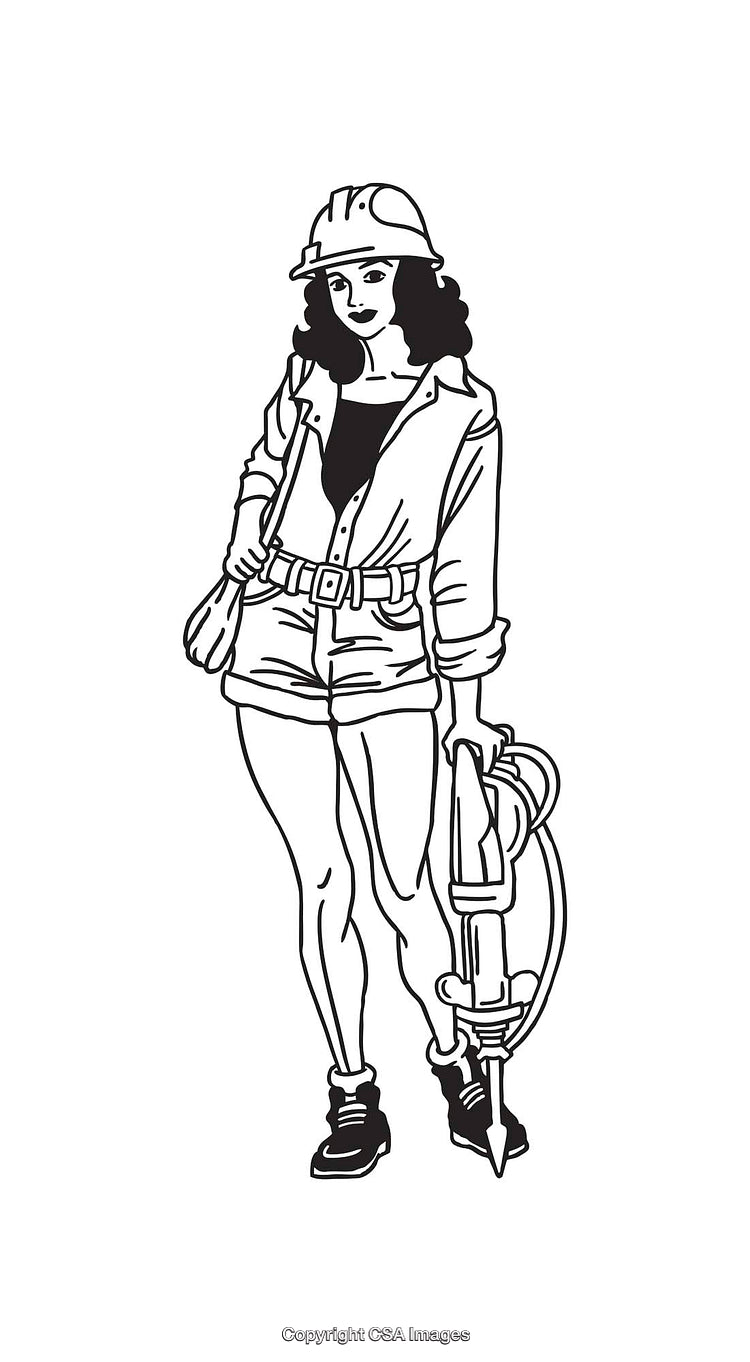 Black And White Line Art Illustration of a Female Construction Worker