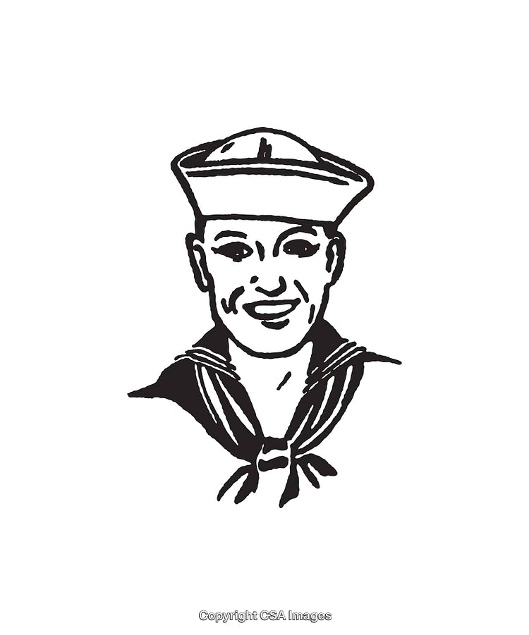 Black And White Illustration of a Smiling Sailor in Uniform