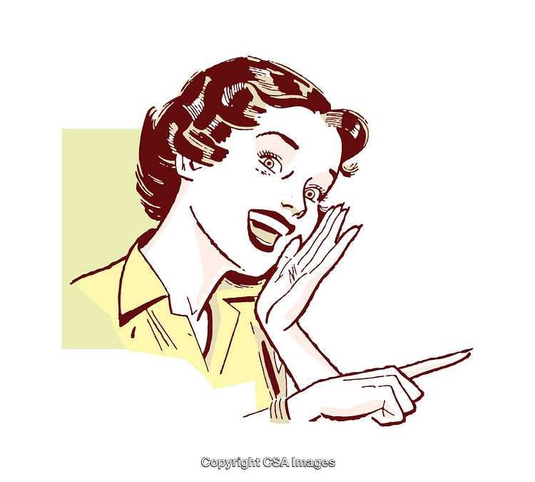 Retro-Style Illustration of a Woman Pointing and Smiling Enthusiastically