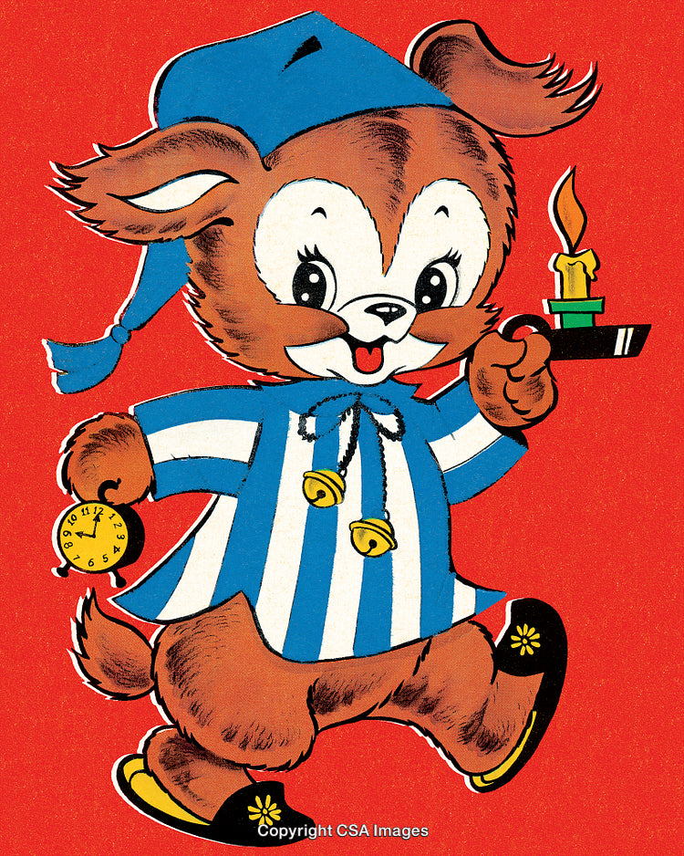 Cheerful Cartoon Puppy in Pajamas Holding Candle and Clock