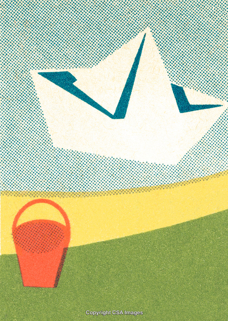 Retro Illustration of a Paper Boat and a Sand Bucket on a Beach