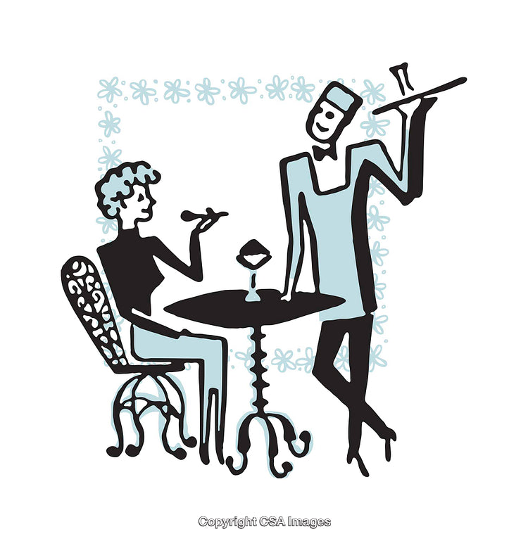 Retro Illustration of a Restaurant Serving a Customer in a Stylish Setting