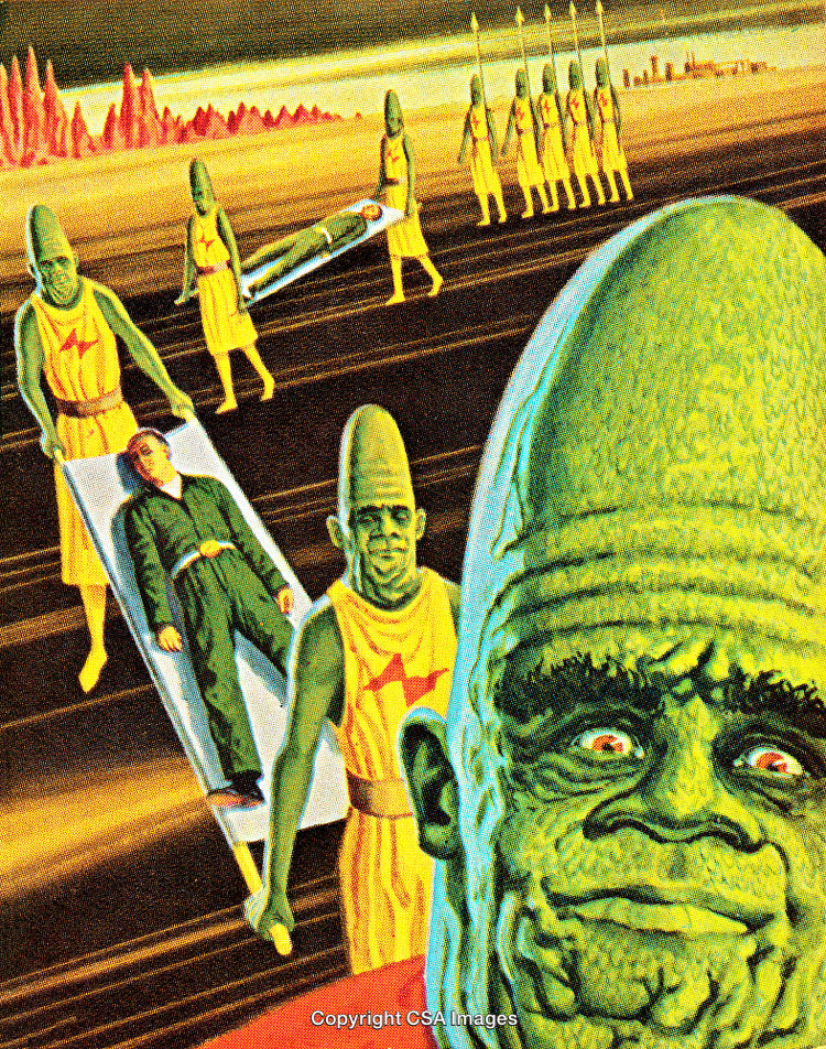 Futuristic Scene Depicting Alien Beings Transporting Human Figures on a Dystopian Landscape