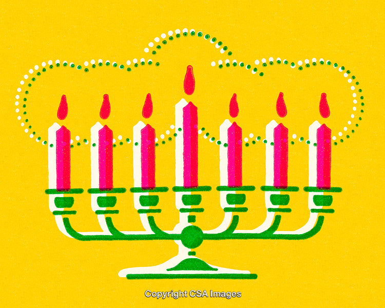 Decorative Menorah Illustration with Burning Candles in a Vibrant Yellow Background