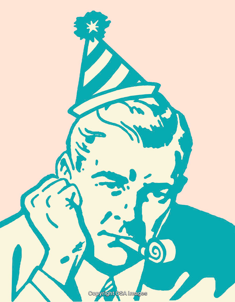 Retro Illustration of a Pensive Man Wearing a Party Hat with a Noisemaker