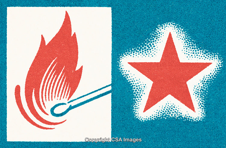 Stylized Illustration of a Burning Match and a Red Star on Blue Background