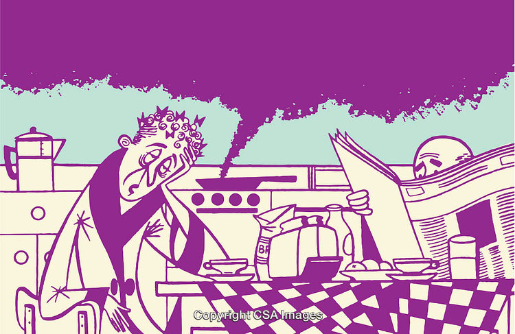 Colorful Cartoon Depiction of Morning Chaos in a Household Kitchen