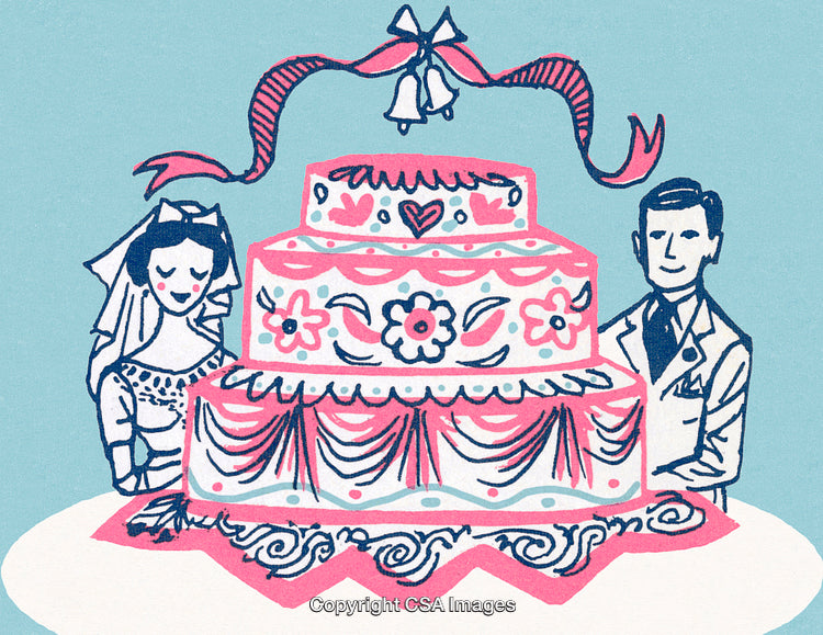 Vintage Wedding Illustration of Bride, Groom, and Layered Cake with Decorations