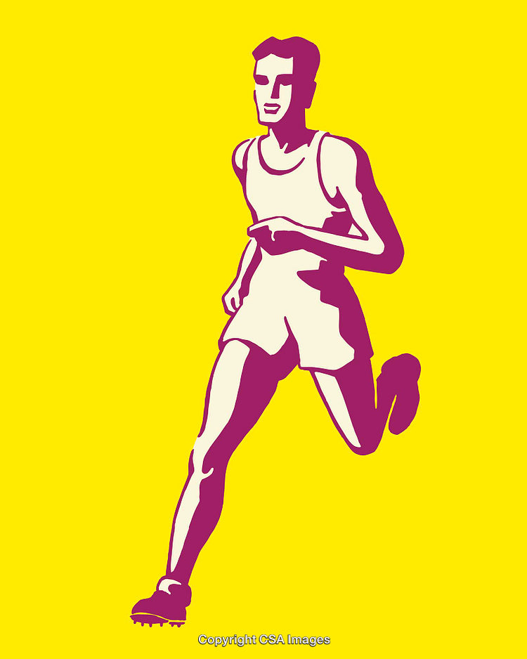 Vintage Line Art Illustration of Running Athlete on Yellow Background