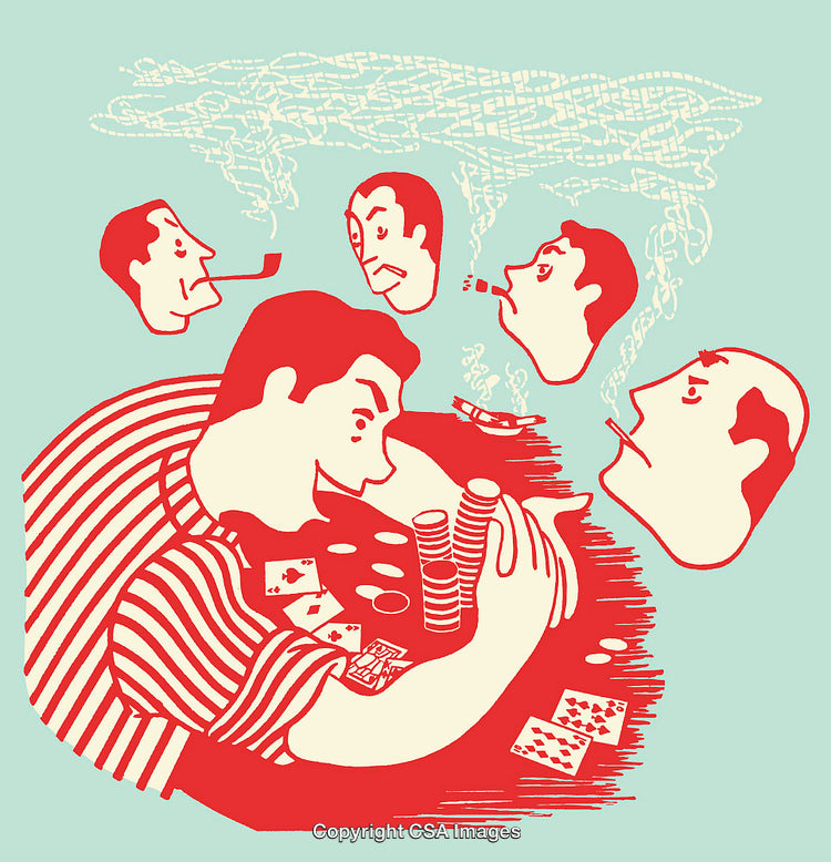 Colorful Illustration Depicting Poker Game Scene with Stylized Facial Expressions