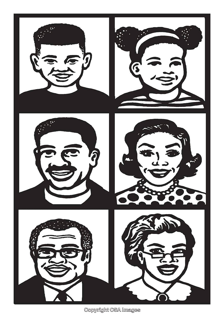 Black and White Family Portrait Set of Six Individuals in Grid Layout