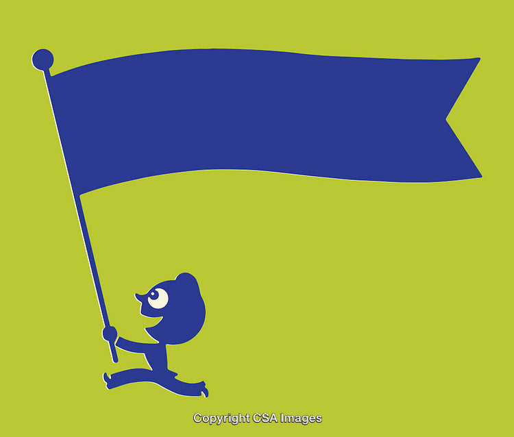 Blue Cartoon Character Holding Large Flag Against Green Background