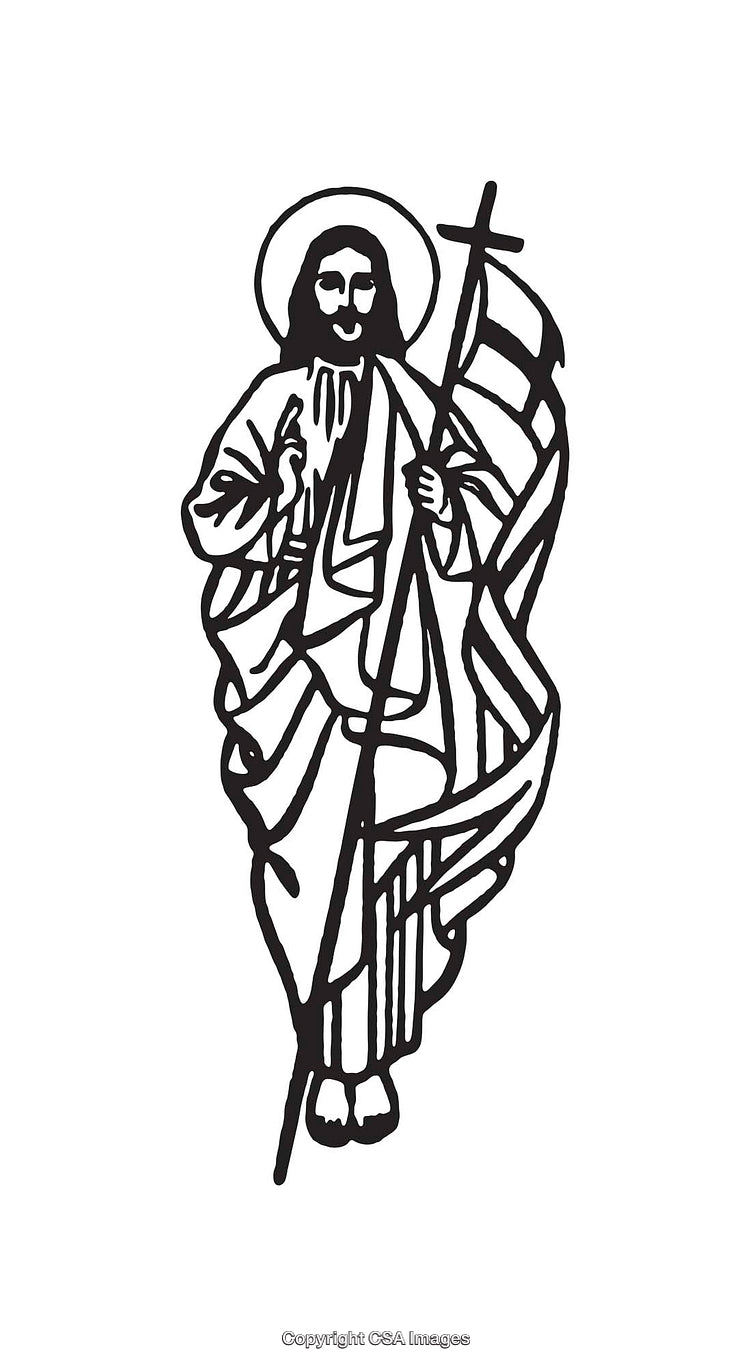 Black And White Line Art Illustration of Religious Figure Holding a Cross