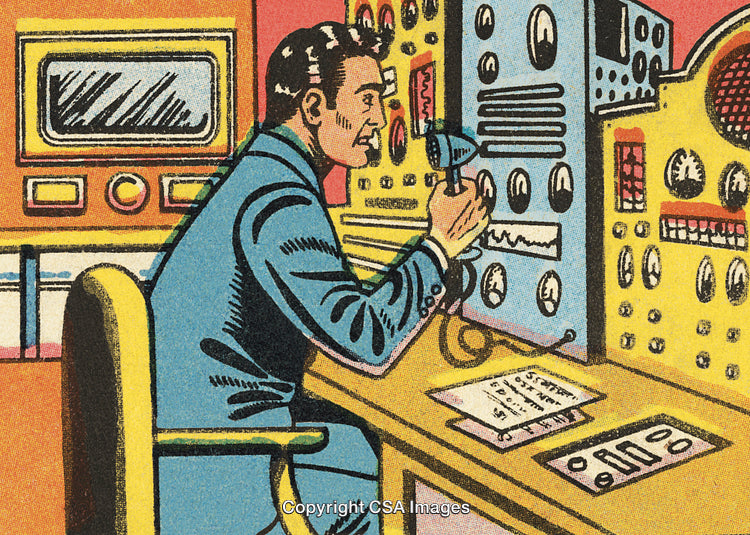 Retro Scientist Operating Laboratory Equipment with Monitor and Instrumentation Panels