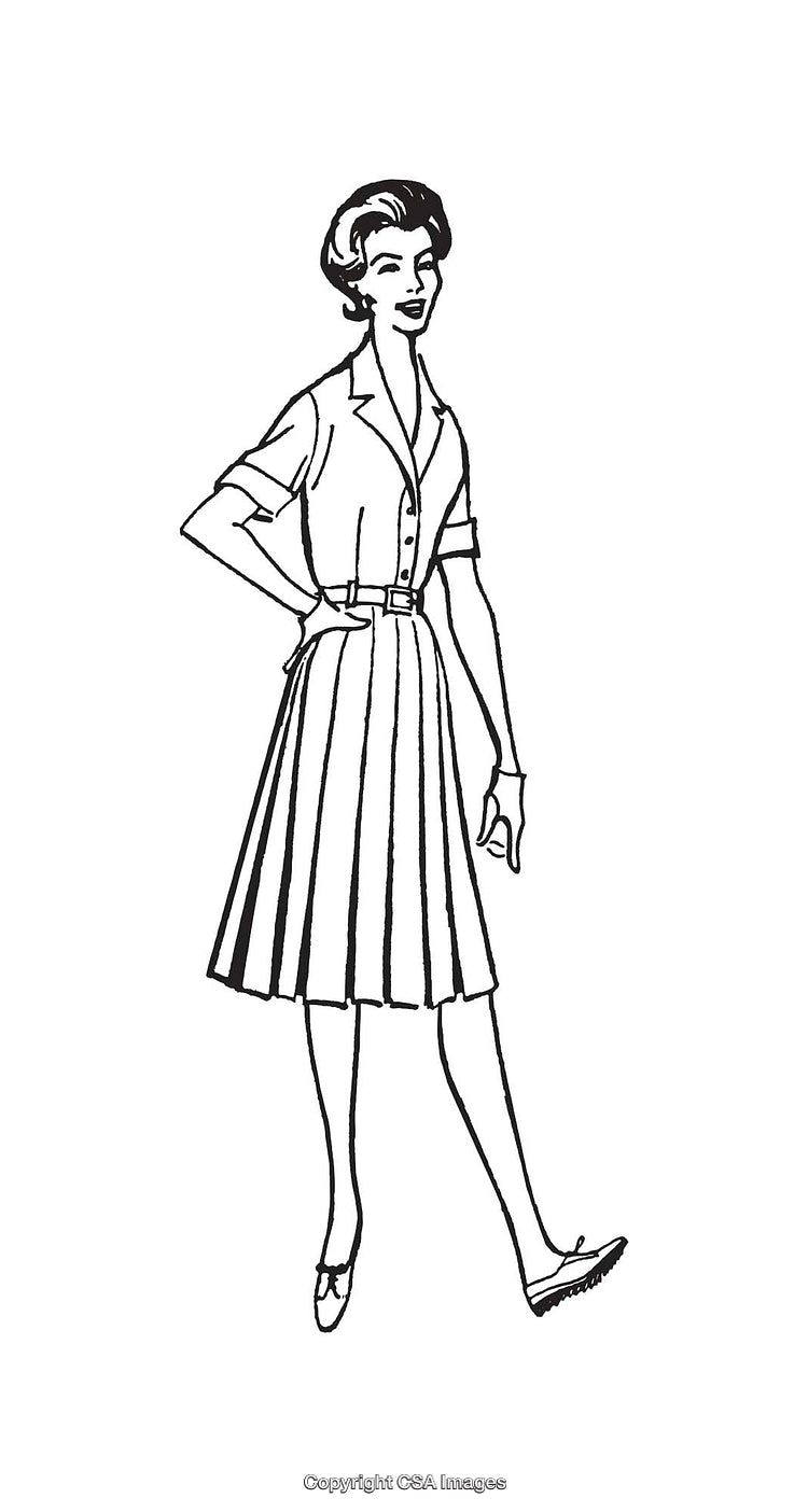 Vintage Black and White Illustration of a Fashionable Woman in Skirt