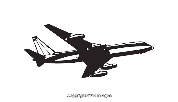 Black and White Line Art Illustration of a Flying Airplane