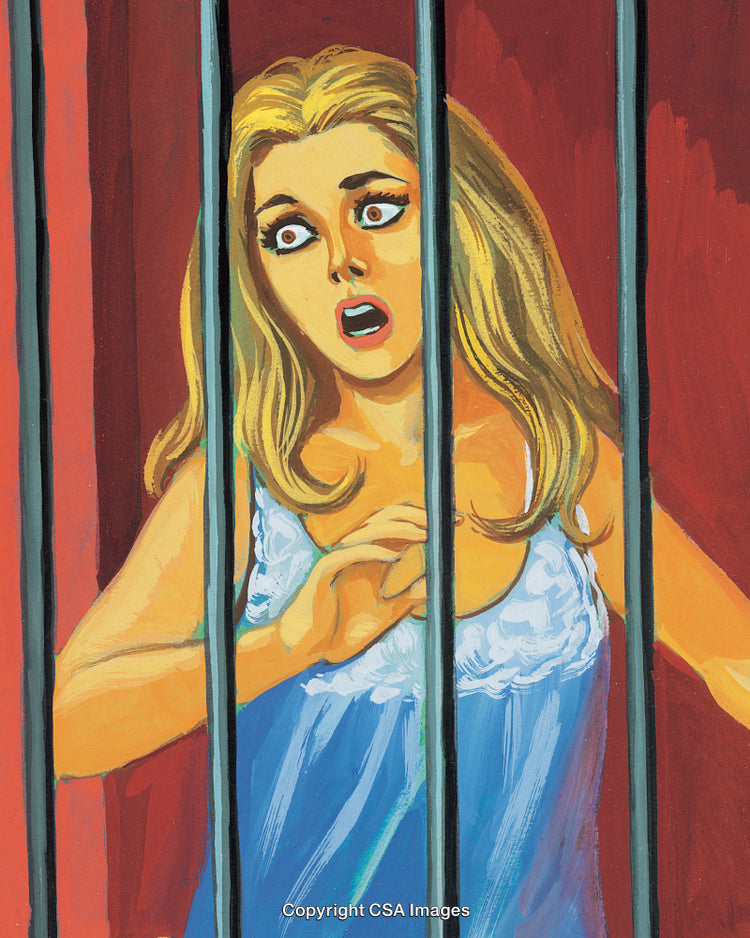 Shocked Woman Behind Bars in Dramatic and Expressive Artwork Scene