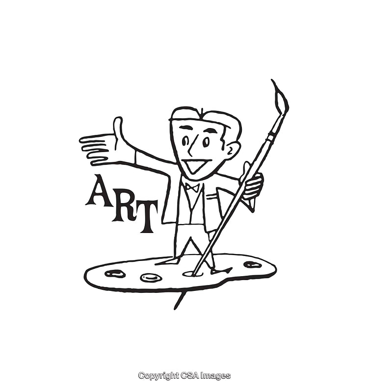 Black and White Illustration of Artist With Palette and Brush