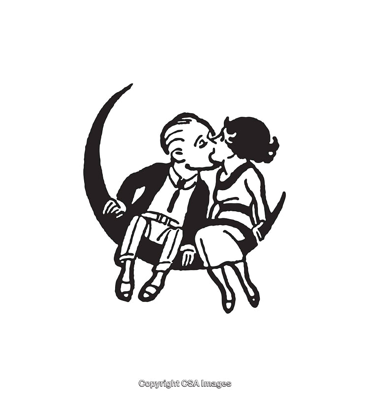 Black and White Line Art Illustration of a Couple Sitting on a Crescent Moon
