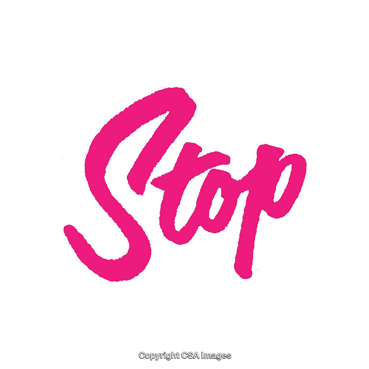 Bright Pink Handwritten Text Displaying the Word Stop on White Background