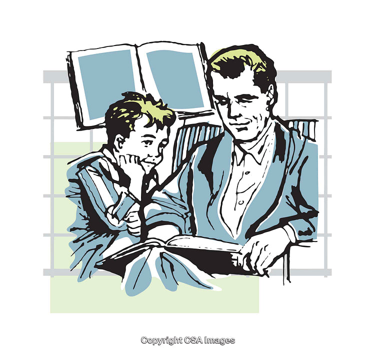 Father and Son Reading Together in a Retro Illustration
