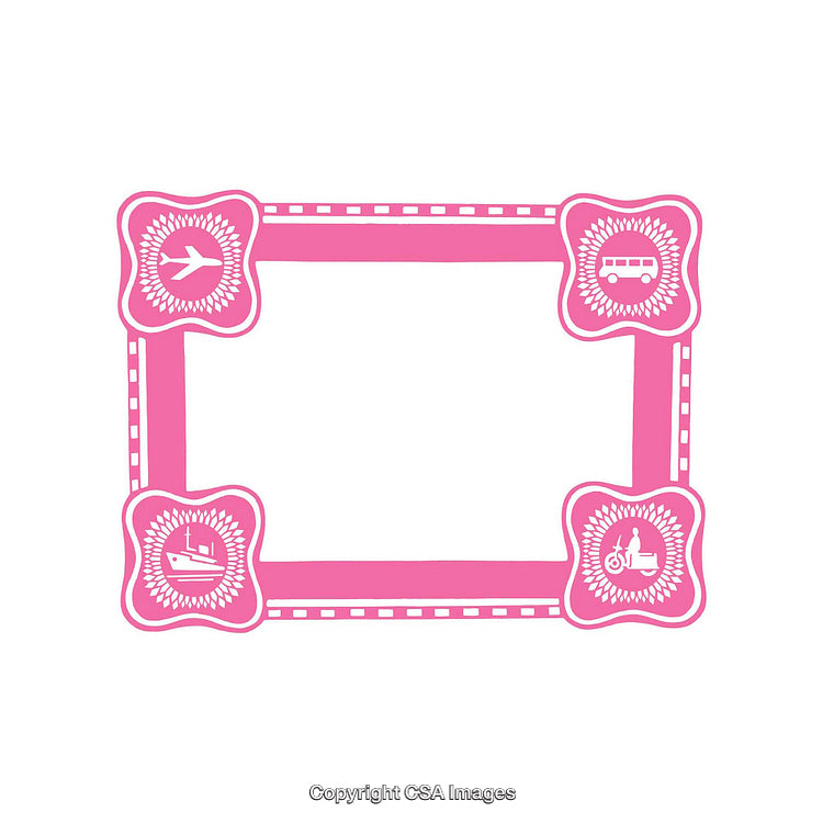 Pink Decorative Frame Design Featuring Transport Icons on White Background