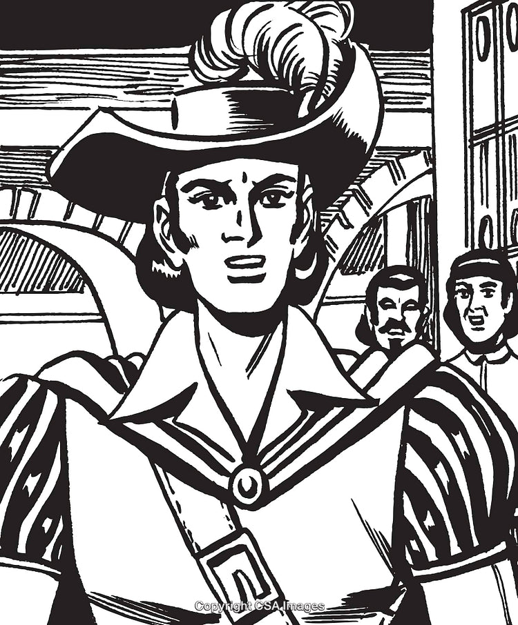 Classic Illustration of a Heroic Figure in Historical Costume During a Moment of Action