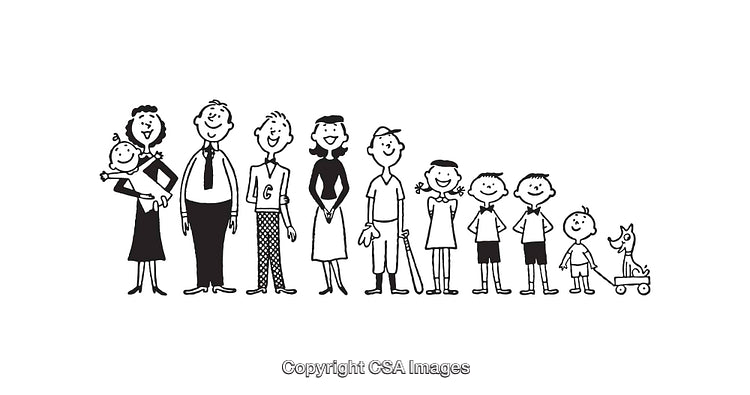 Black and White Family Line Art Illustration with Multiple Figures