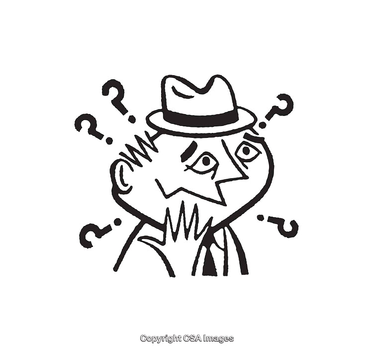 Confused Man Wearing a Hat Surrounded by Question Marks in Black and White