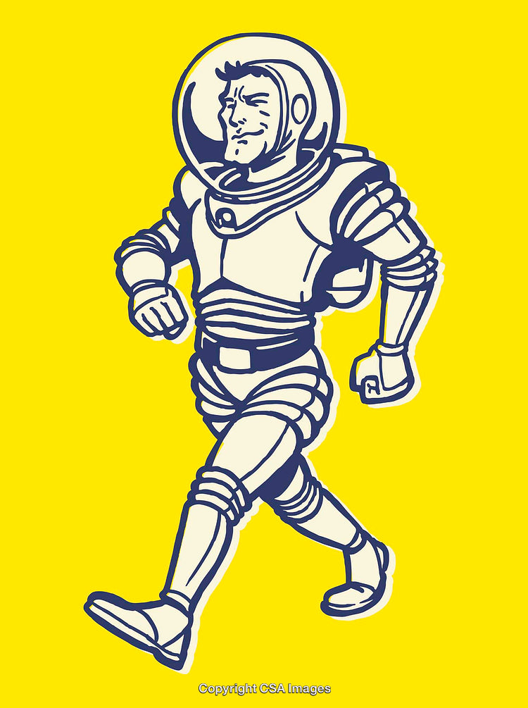 Retro Style Astronaut Walking on a Bright Yellow Background